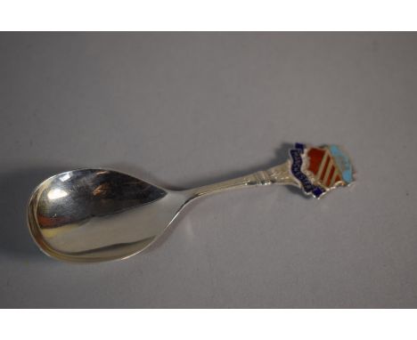 A Silver and Enamel Souvenir Tea Caddy Spoon for Manchester. Birmingham Hallmark. 