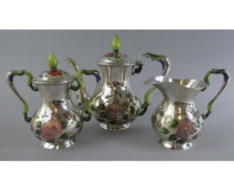 An Exceptional Chinese Silver Three Piece Tea Service with Coloured Enamel decoration Comprising Tea Pot, Lidded Sugar Bowl a