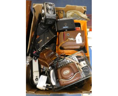 A Box of Approximately Eight Various Vintage Cameras and Accessories.