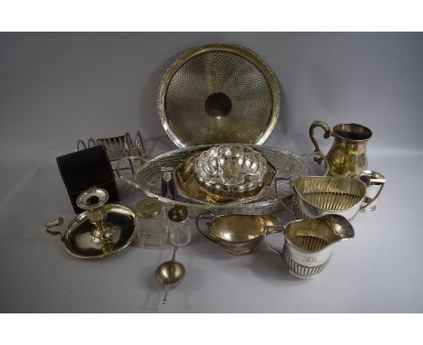 A Collection of Silver Plated Items to include Basket, Tray, Tankard, Gravy Boat, Bed Chamber Stick etc.