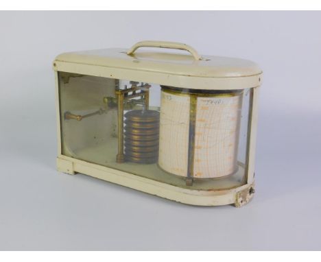 A German white enamel cased barograph, curved glass, by Lusat, 24.5cm long.