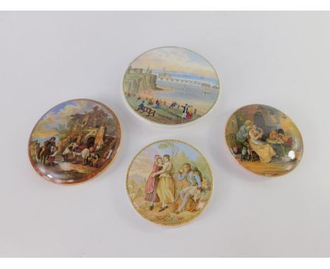 Four Prattware pot lids, comprising The Thirsty Soldier, The Best Card, The Farriers, and The New Jetty and Pier Margate.