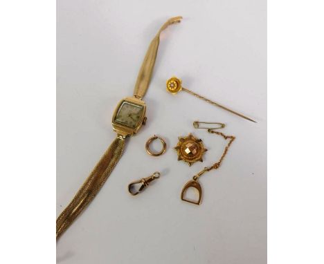 A Summit lady's 9ct gold wristwatch, square silvered dial bearing Arabic numerals, on a mesh bracelet, diamond set stick pin 