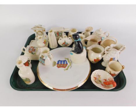 Goss and Crested China including a Black Cat Good Luck, Arms of the City of Peterborough, anvil, Arms of Ipswich, lantern, Ar