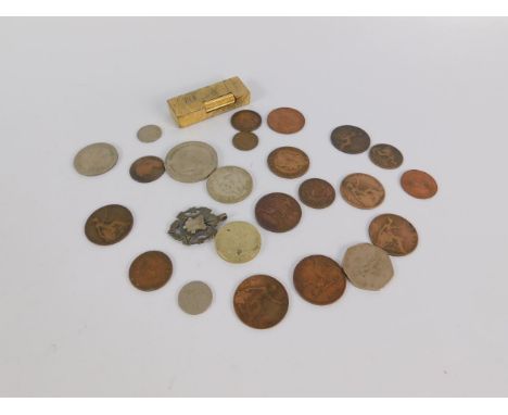 A Dunhill textured gold plated pocket lighter, Festival of Britain Crown 1951 and other coinage and a medallion.