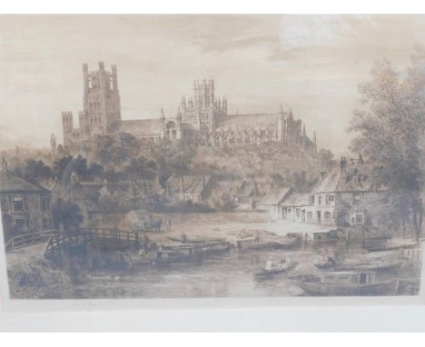 Charles Oliver Murray (1842-1923). Ely Cathedral from the Great Ouse, engraving, signed, Print Sellers UV blind stamp, 46cm x