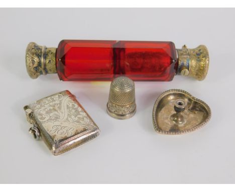 A George v silver vesta case, foliate engraved, reserve monogram, Birmingham 1911, Victorian ruby double ended scent and smel