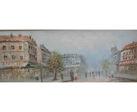 K Schmidt (20thC). Parisian Street scene, oil on canvas board, signed, 29.5cm x 75cm.