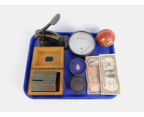 A Stanley prismatic instrument, cased, Stanley tool, boxed, humidity gauge, company stamp, an MCC Test Match Cricket ball, US