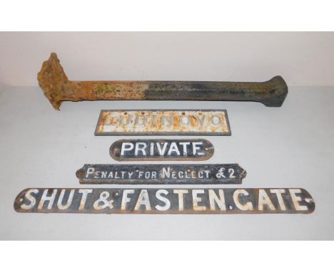 A Ludinova cast iron railway sign, three further; Private, Shut & Fasten Gate, and Penalty for Neglect £2, together with a ca