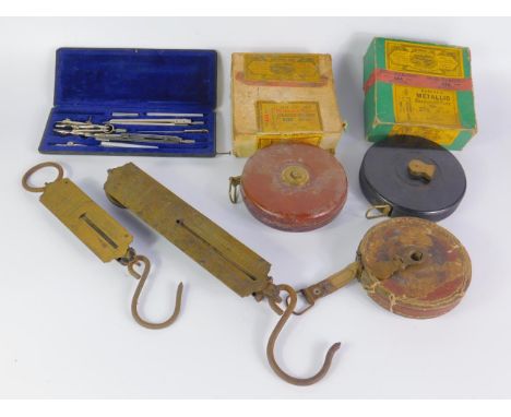 A Rabone tape measure, James Bedlington tape measure, Hockley Abbey tape measure, two Salters iron and brass pocket balance s