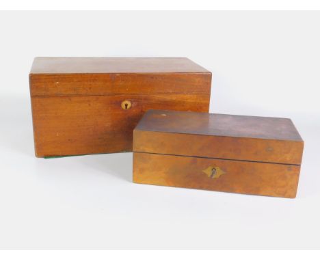 A Victorian burr walnut homeopathic chemist's box, fitted with brass phials, 23cm x 11cm x 8cm, and a mahogany tea caddy with