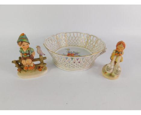 A 20thC Dresden style porcelain basket painted with Deutsche blumen, 23cm x 7cm, and two Hummel figures; Wayside Harmony 111/