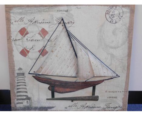 A French collage nautical picture, with a half cut enamel on copper sailing boat, 60cm x 60cm.