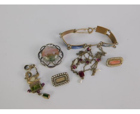 A Georgian seed pearl set hair locket brooch, set in yellow metal, another similar, Renaissance style pendant jewel, necklace
