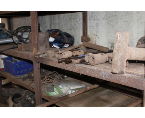 Sundry tools and accessories, to include wood saws, wheel spanners, bearings, cabling, etc. (all on steel shelving unit).To b