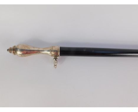 A Victorian ebony walking stick, with a plated ham brace handle,  89.5cm long.