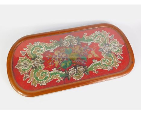 A Victorian tapestry and bead work oval tray, mahogany framed, wall chain mounted, 28.5cm x 57cm.
