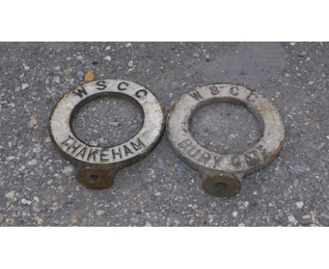 Thakeham and Bury Gate Signs, A duo of original double sided cast iron ring form post top signs, inscribed W.S.C.C. Thakeham 