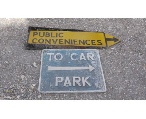 Public Convenience and Carpark Signs, A duo of original alloy post mounted signs, one black on yellow in the form of an arrow