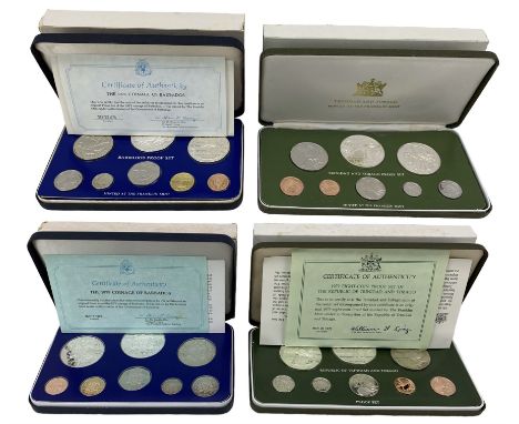 Two Trinidad and Tobago proof eight coin sets, dated 1975 and 1979, from one cent to ten dollars and two Barbados proof eight