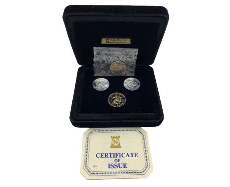 Pobjoy Mint Isle of Man 1979 platinum, sterling silver and Virenium proof three one pound coins, from a limited edition of 50