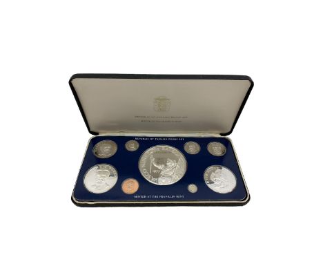 Republic of Panama proof nine coin set, dated 1977, from one centesimos to sterling silver twenty balboas coin, produced by T