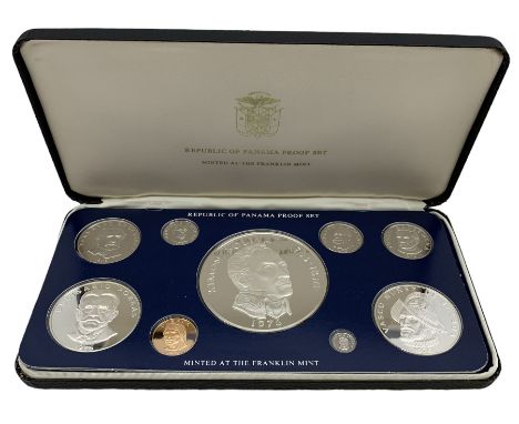 Republic of Panama proof nine coin set, dated 1976, from one centesimos to sterling silver twenty balboas coin, produced by T