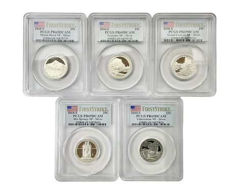 Five United States of America 2010 first strike silver quarter dollar coins, comprising Yosemite, Grand Canyon, Hot Springs, 