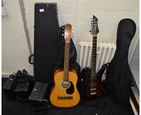 4 Electric guitars including Tanglewood and Bandit examples together with 3 amps.