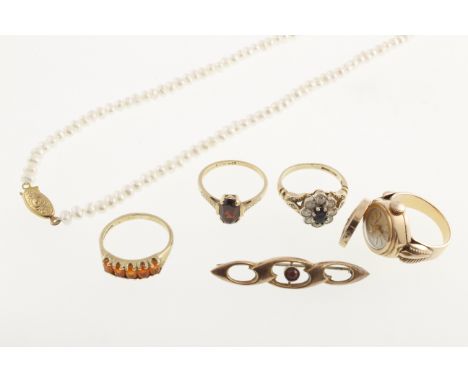 A quantity to include three 9ct stone-set rings, an unmarked ring watch by louis Philippe (17 Rubies), an Edwardian 9ct bar b