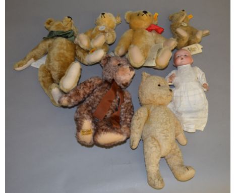 6 Teddy bears including 3 Steiff examples together with an Armand Marseille baby doll (7)