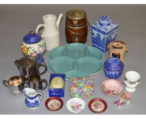 A mixed lot of ceramics and silver plated items including a Ringtons ceramic tea caddy, Poole, Maling and two cut glass decan