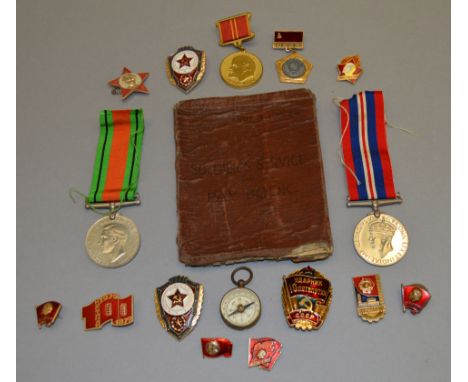 A mixed lot including a Pathfinder fob compass and case, assorted Soviet enamel badges and WW2 British medals etc.