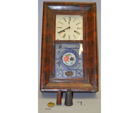An interesting American wooden cased wall clock with painted panel to front. With pendulum, weights and key.