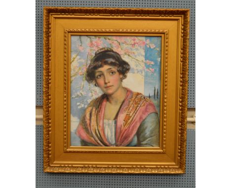 F. E. Astwood. A large watercolour portrait of a woman in large gilt frame. Framed & glazed. 80cm x 69cm.