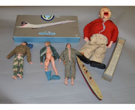 A mixed lot including a Chad Valley Queen Mary model, vintage Action Man dolls, Ventriloquist Doll etc