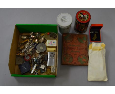 A mixed lot of collectables including sterling and white metal cutlery, medallions, trinket boxes, stamps etc.