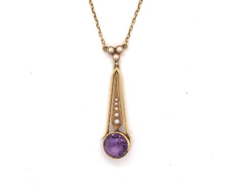 AN ANTIQUE AMETHYST AND PEARL LAVALIER NECKLACE. THE THE PENDANT STAMPED 15ct, CHAIN AND PENDANT ASSESSED AS 15ct. CHAIN LENG