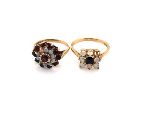 A VINTAGE HALLMARKED 9ct YELLOW GOLD, OPAL AND GARNET CLUSTER RING. FINGER SIZE K 1/2. WEIGHT 3.0grms, TOGETHER WITH A FURTHE