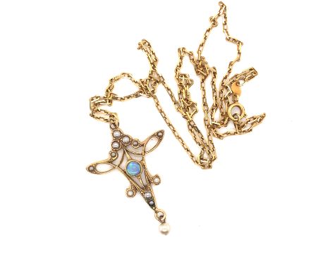 AN ART NOUVEAU STYLE OPAL AND SEED PEARL PENDANT ON A PAPER LINK CHAIN. THE PENDANT STAMPED 9ct AND ASSESSED AS 9ct, THE CHAI