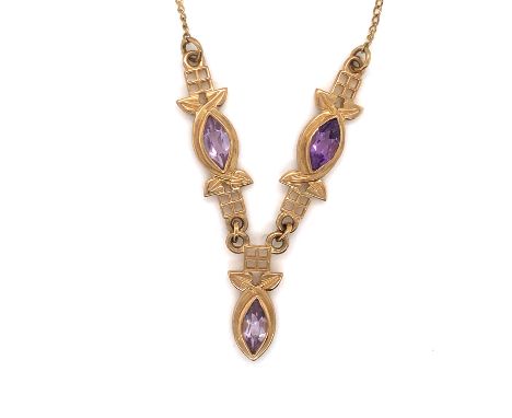 A 9ct GOLD AMETHYST, RENNIE MACKINTOSH STYLE PANEL NECKLACE. LENGTH 47.5cms. WEIGHT 6.5grms. 