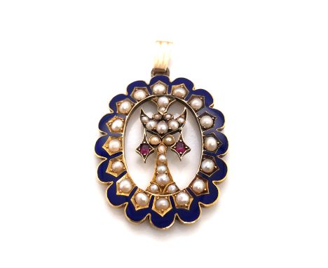 AN ANTIQUE BLUE ENAMEL, SEED PEARL AND RUBY PENDANT. UNHALLMARKED AND ASSESSED AS 15ct GOLD. MEASUREMENTS EXCLUDING BAIL, 3.0