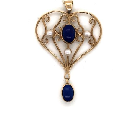 A 9ct GOLD VINTAGE PEARL AND LAPIS LAZULI HEART FORM PENDANT. DATED 1989 LONDON. CHAIN LENGTH 50cms. PENDANT MEASUREMENTS 3.7