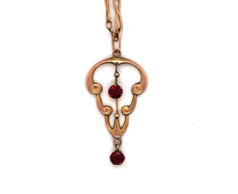 AN ANTIQUE 9ct GOLD ART NOUVEAU STYLE GEMSET PENDANT AND FANCY LINK 9ct GOLD CHAIN. PENDANT LENGTH INCLUDING BAIL 4cms.  CHAI