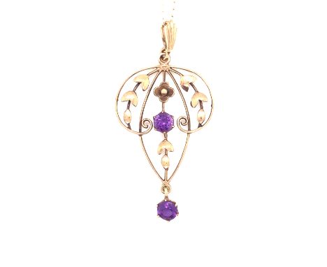 A HALLMARKED 9ct GOLD ART NOUVEAU STYLE STONE SET PENDANT,SUSPENDED ON A 9ct GOLD TRACE CHAIN. CHAIN LENGTH 46.6cms, PENDANT 