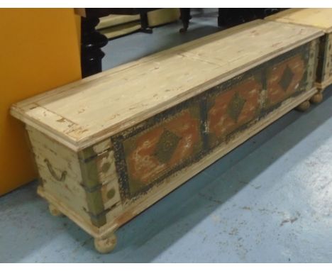 TRUNK, wooden in distressed painted finish on turned supports, 146cm x 40cm x 46cm H.