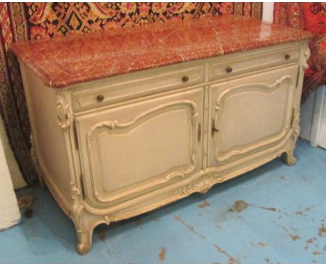 COMMODE, late 19th century French grey painted with a moulded rouge marble top over two drawers and panelled doors, 141cm W x