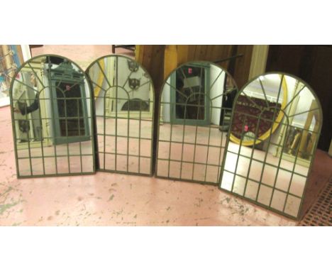 GARDEN MIRRORS, a set of four, Architectural style verdigris metal with an arched top, 49cm W x 77cm H. (4)