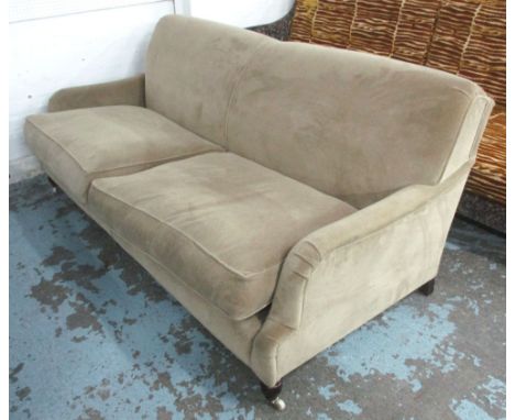 ANDREW MARTIN SOFA, Howard style in camel upholstery on turned mahogany legs with castors, 200cm L x 115cm D x 85cm H.